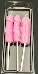 SUE'S CANDLES: SJ - 3 PACK  PENIS CAKE CANDLES  - ASSORTED COLOURS - PACKAGED - SJ-PCC**